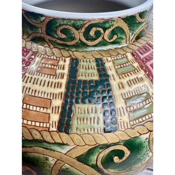 Vintage Oriental Accent 9.5" Jar Vase Urn Lidded Green Gold Red elegant - Picture 10 of 12